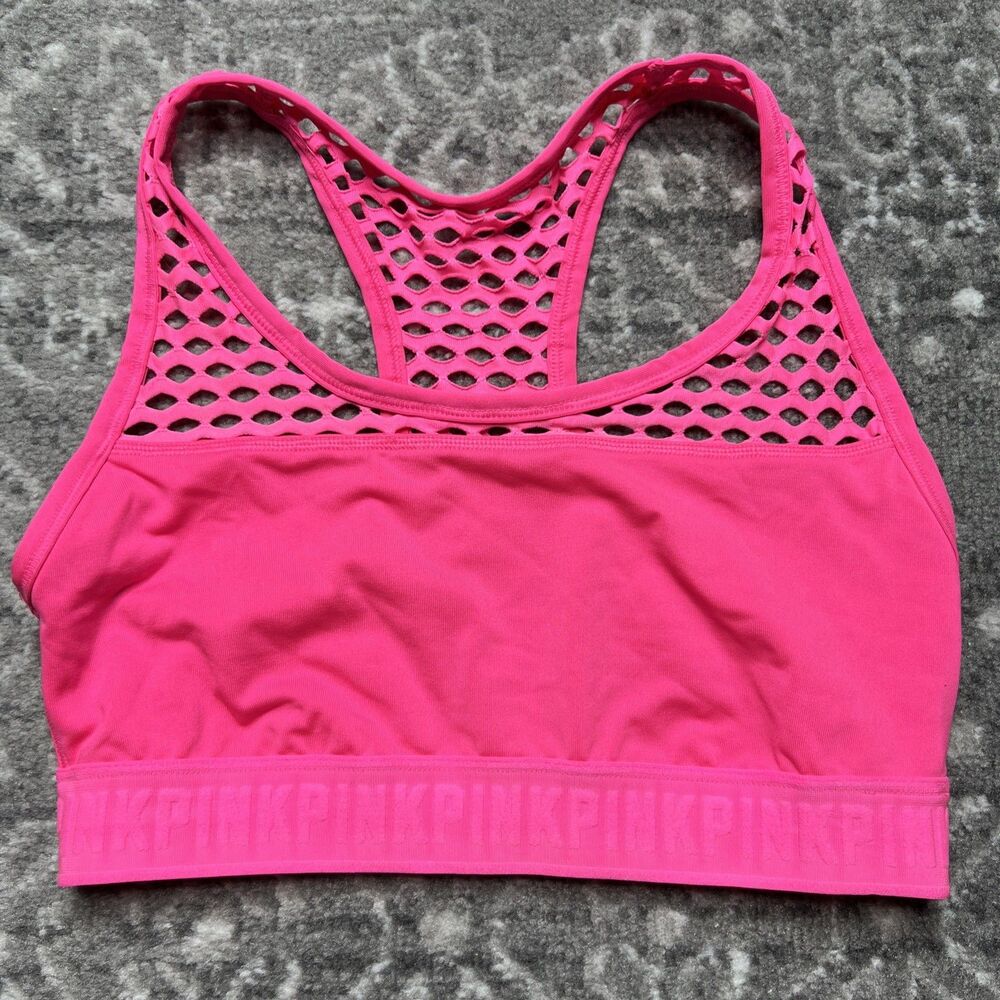 PINK Women Sports Bra Medium Neon Pink Mesh Ultimate Unlined Pullover Racerback